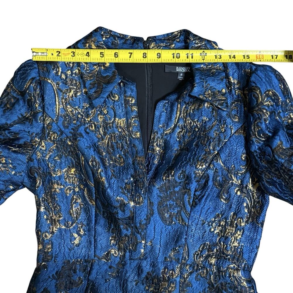 Badgley Mischka Puff-Sleeve Regal Brocade Blue & Metallic Gold Shirtdress Gown 8 - Picture 6 of 14